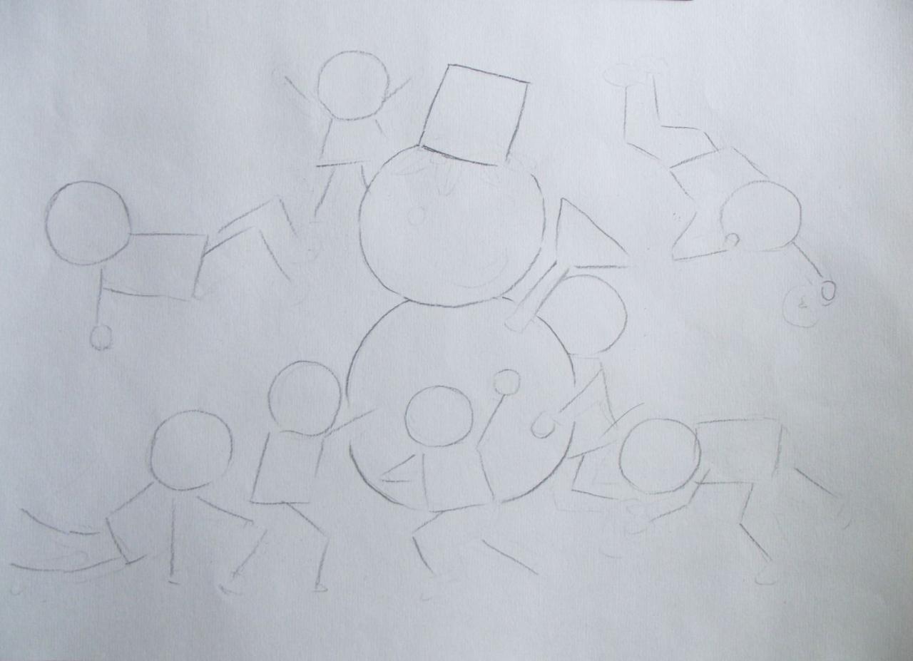 第一步，勾出雪人、小朋友所在的位置关系