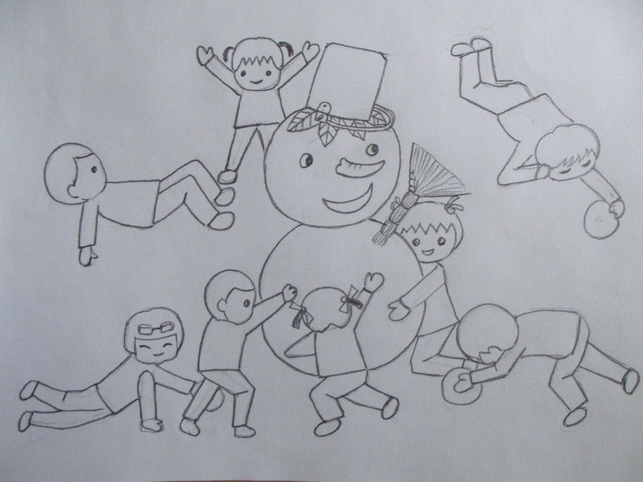 第三步，详细刻画雪人及每个小朋友的特征