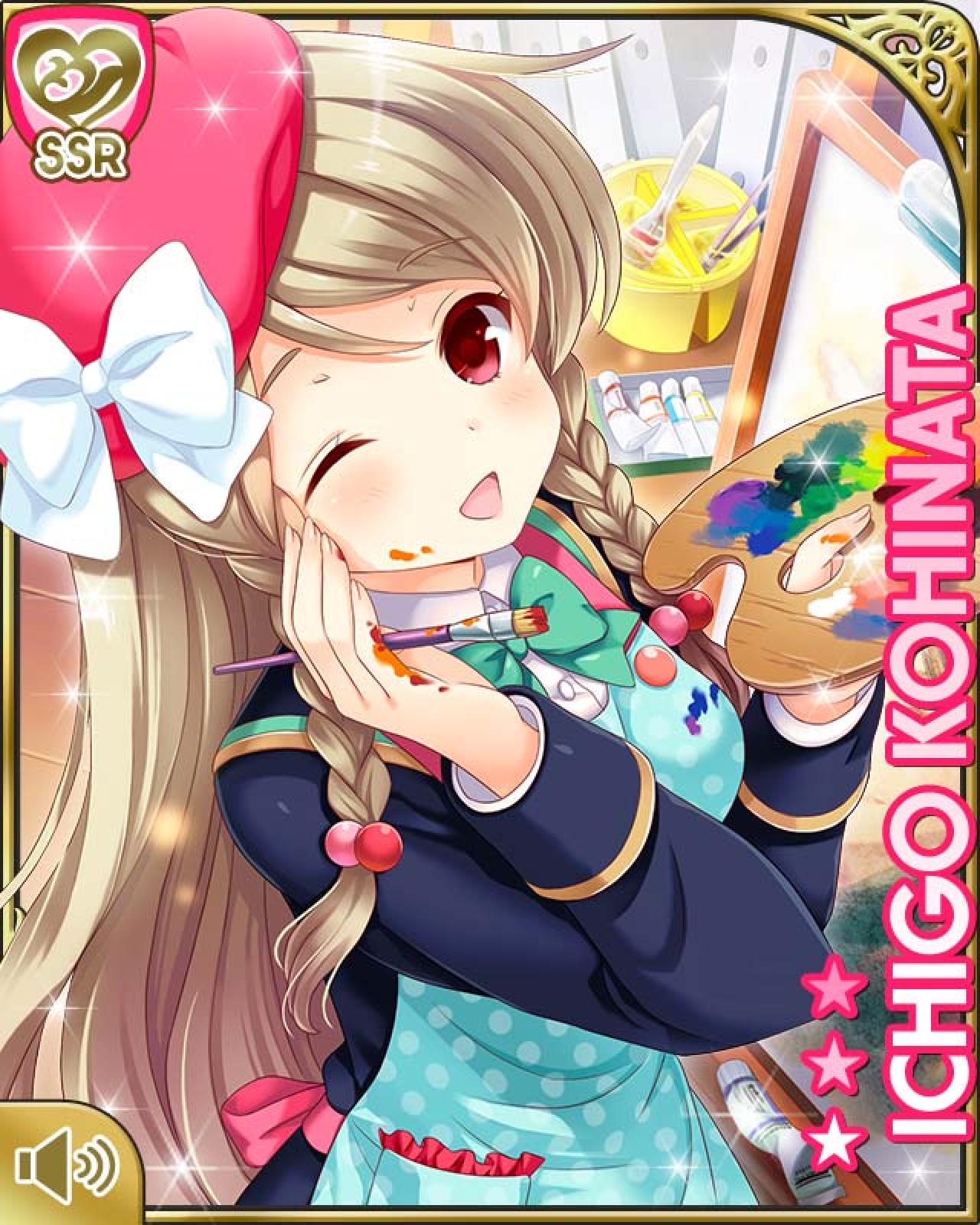 《临时女友》小日向いちご左手拿着调色盘，右手握着画笔，不小心把颜料溅到手上和脸上时，不好意思地眨眼卖萌的SSR三星级卡牌图