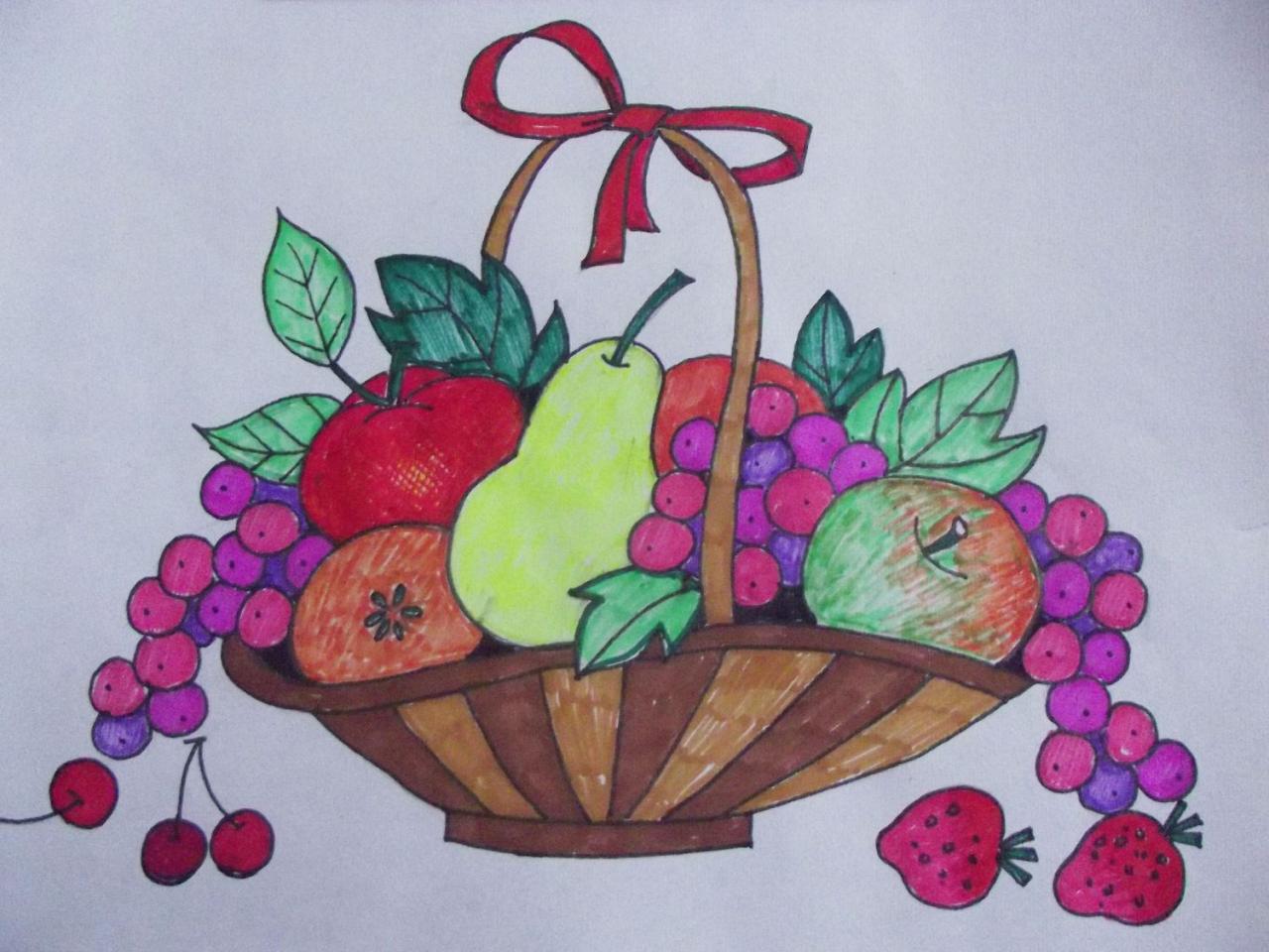 第五步,即完成稿,给果篮上色。