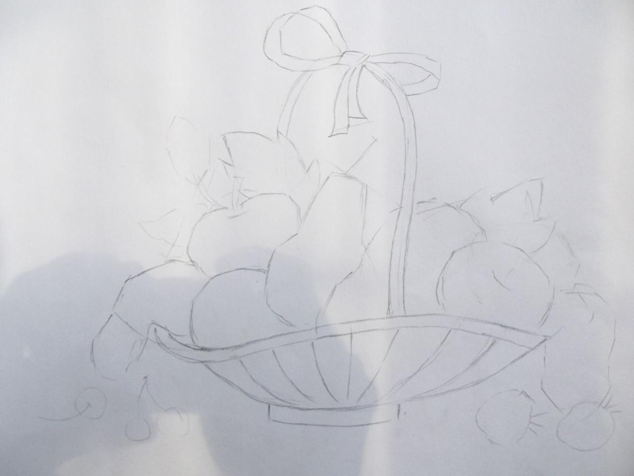 第二步,画果篮及各种水果简单的结构