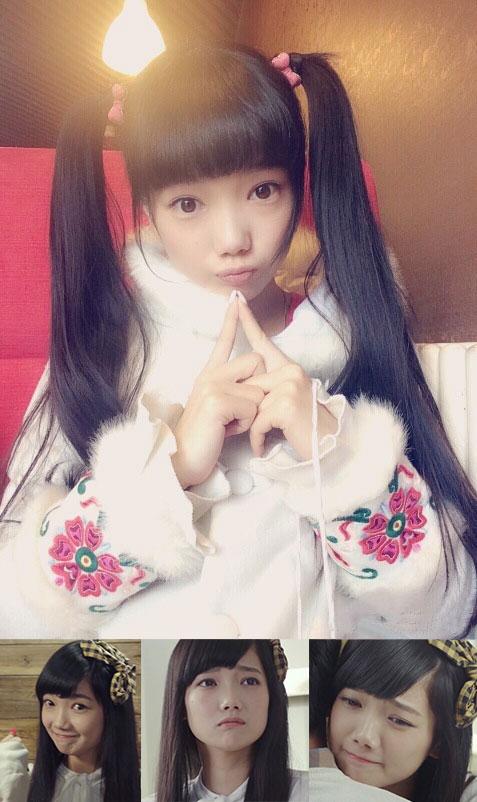 胡洁琼双马尾卖萌自拍（上）及其饰演的野蛮女友角色萌表情（下）