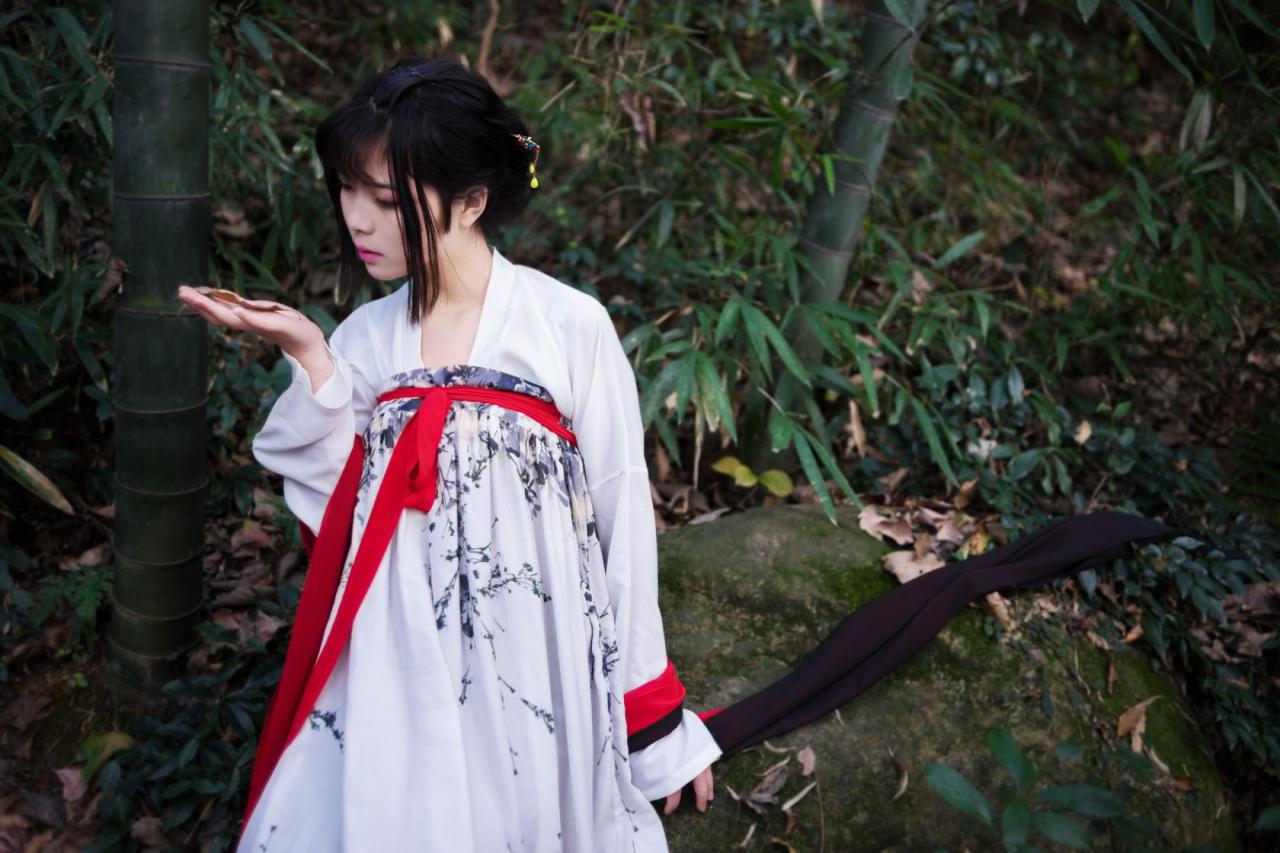 霓君坐在青苔沾染的石头上，右手捧着一片落叶