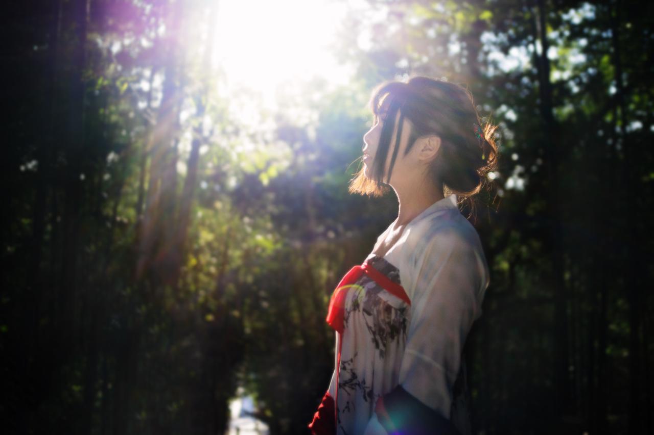 霓君在林间抬头仰望，阳光从绿叶环绕的孔隙中倾泻而下