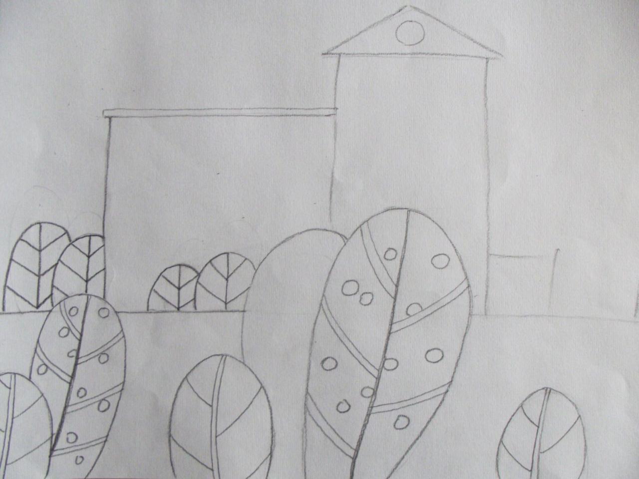 第二步,画楼房前面的树木