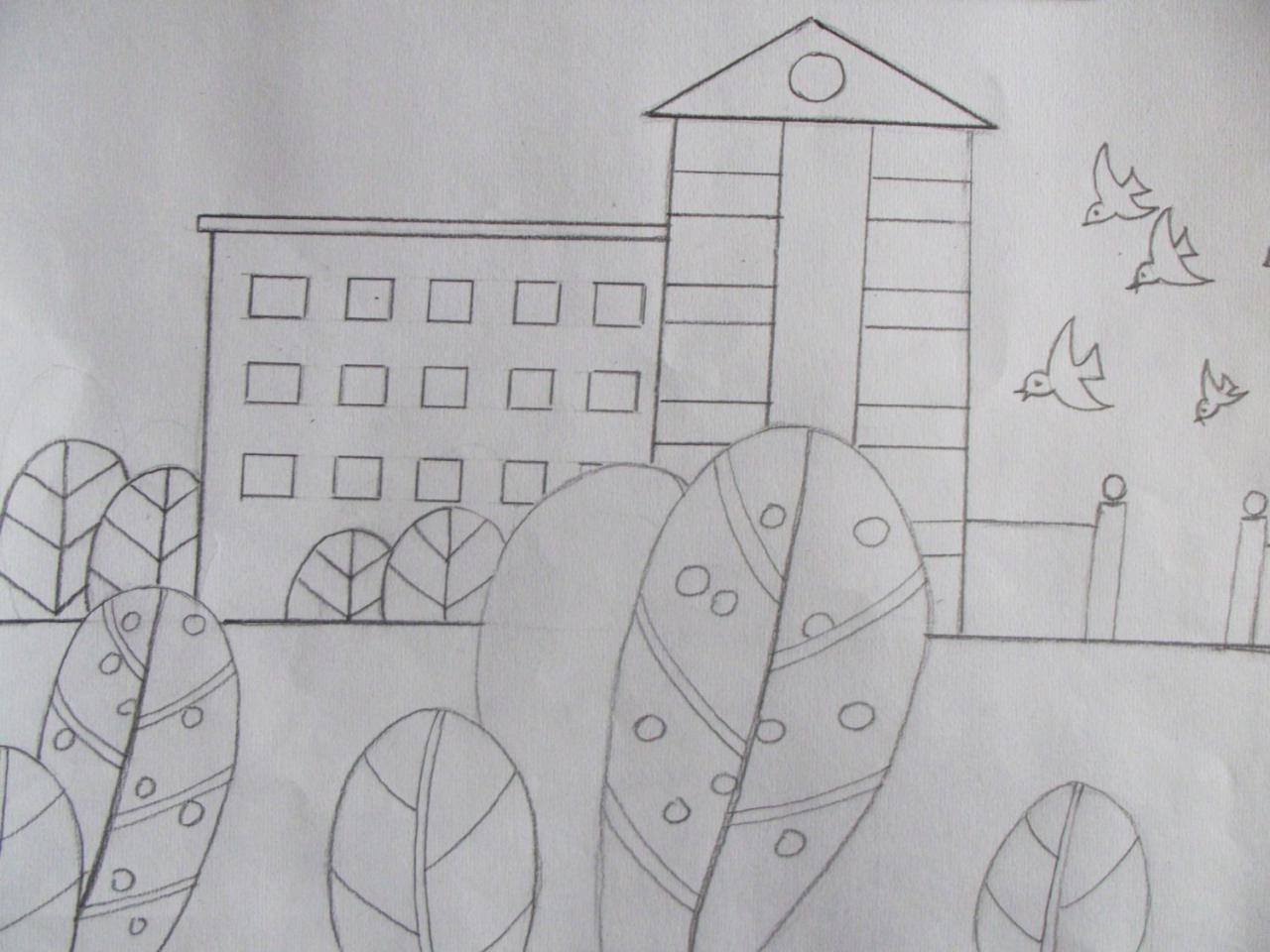 第三步,画出楼房及大门