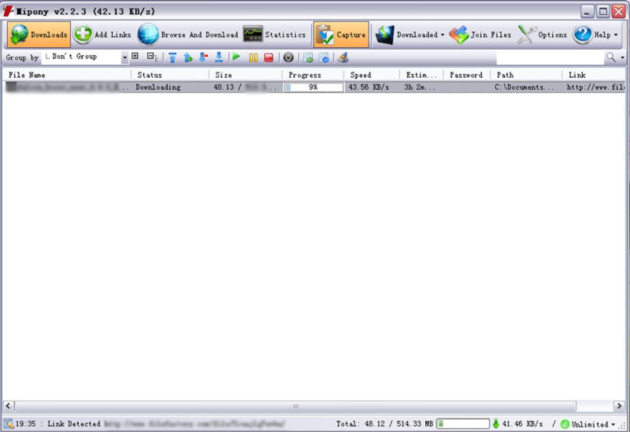 在Mipony的“Downloads”列表中查看FileFactory文件当前的下载速度