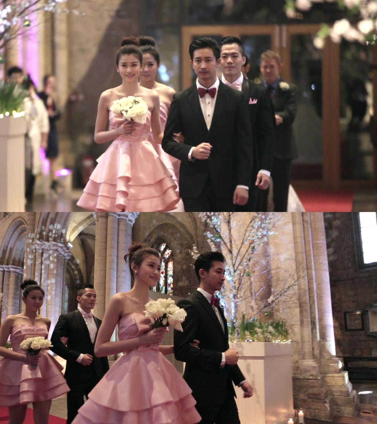 周杰伦和昆凌婚礼伴娘和伴郎正走在红毯上