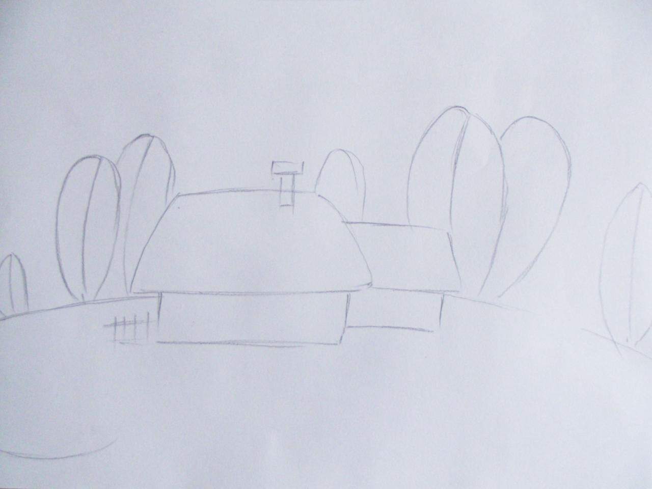 第一步,用铅笔勾出房子及主要树木的位置