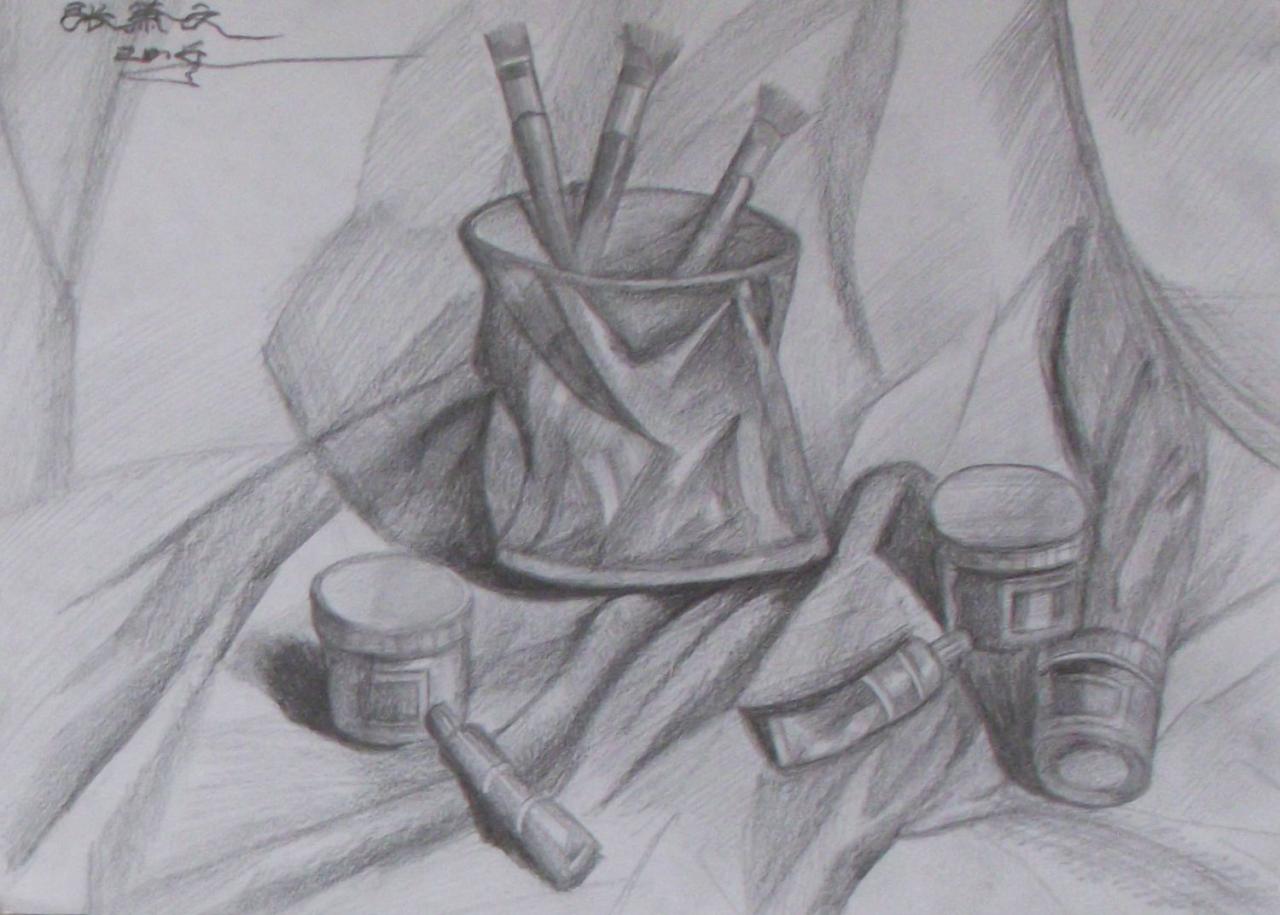 笔筒、广告色及水粉笔 静物素描 张萧文画