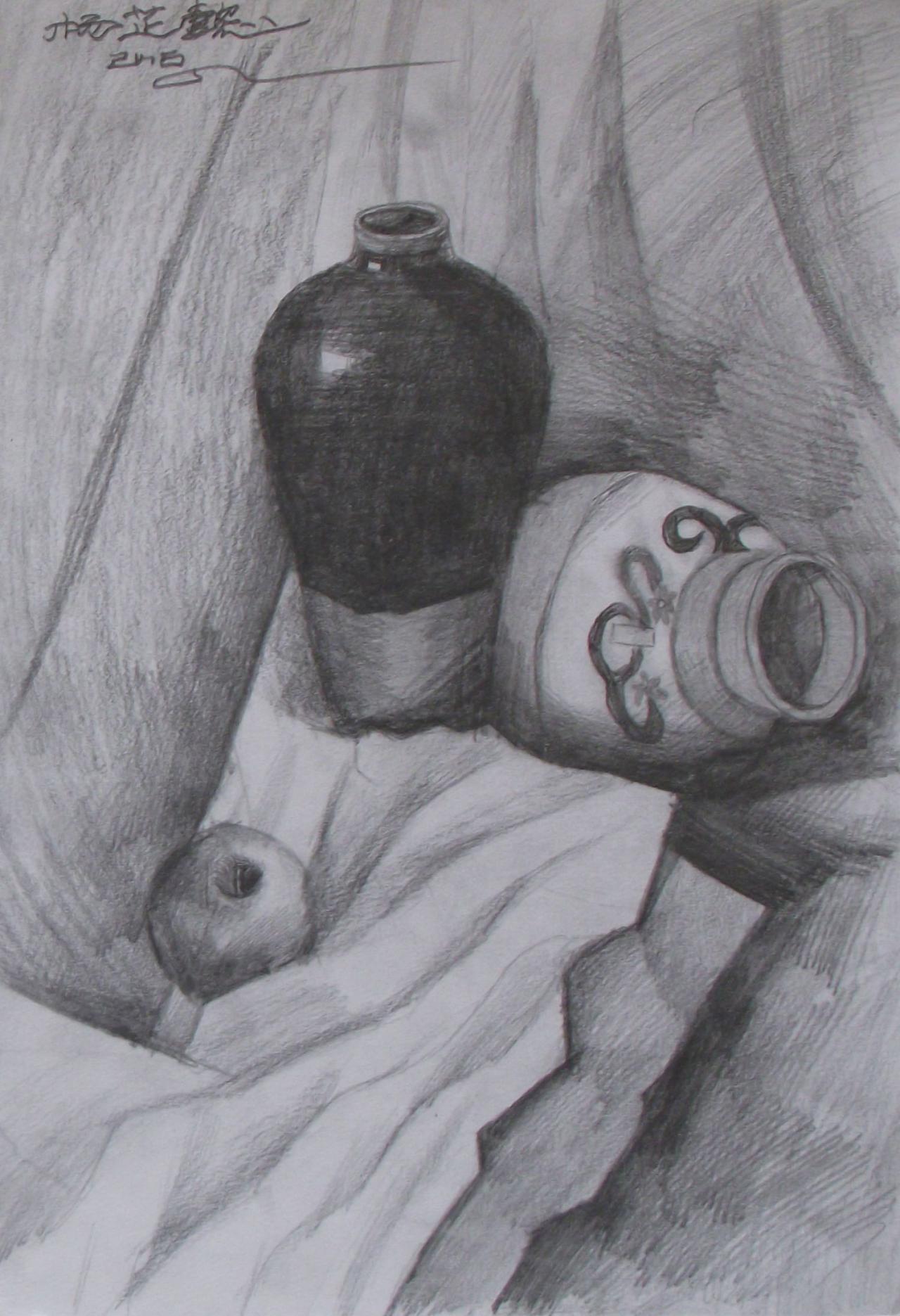 陶罐、苹果 静物素描 杨芷懿画