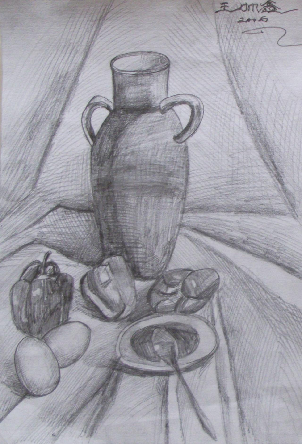 陶罐、青椒、鸡蛋、盘子和勺子 王帅鑫画