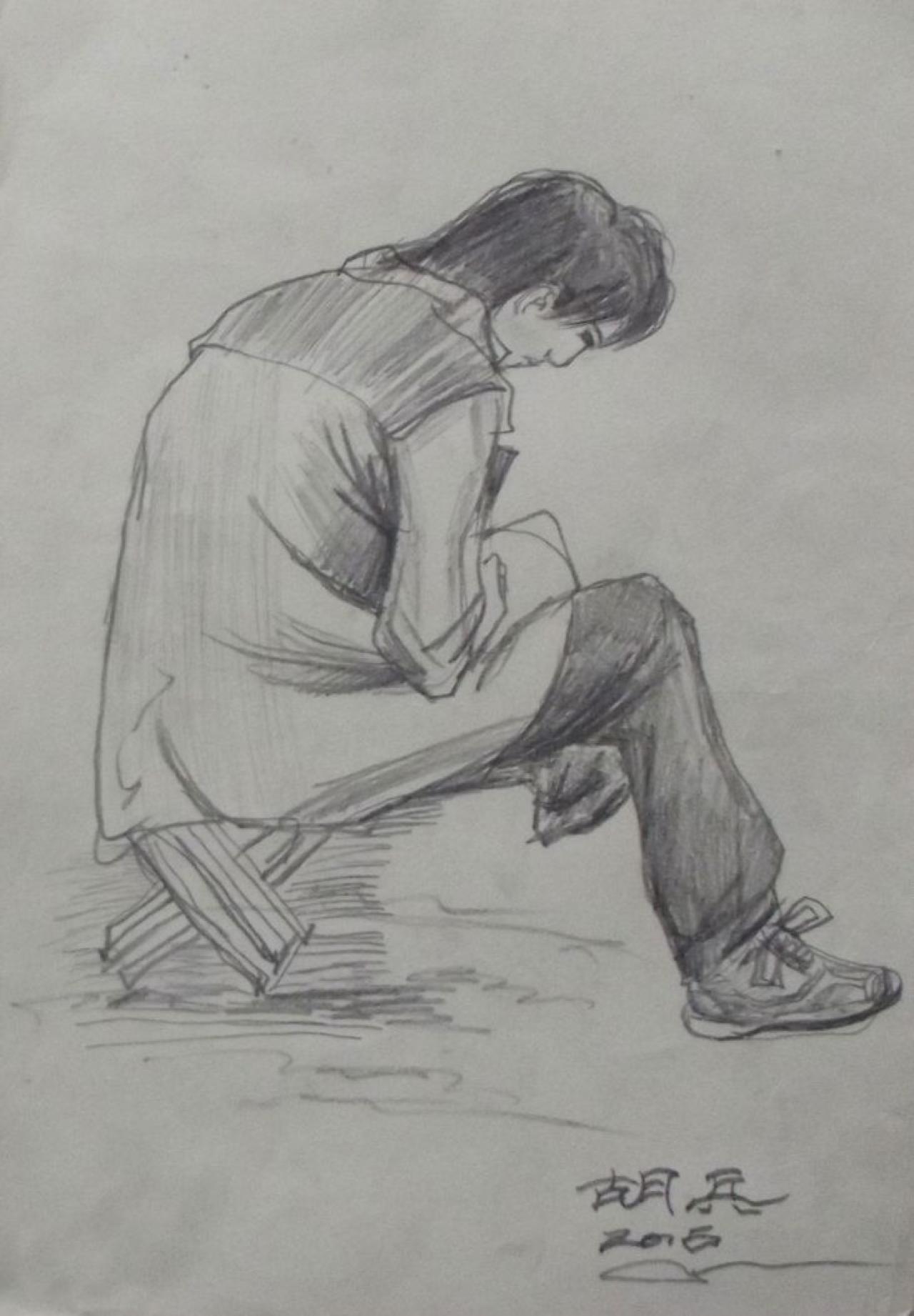 青年男子侧面 人物速写 胡兵画