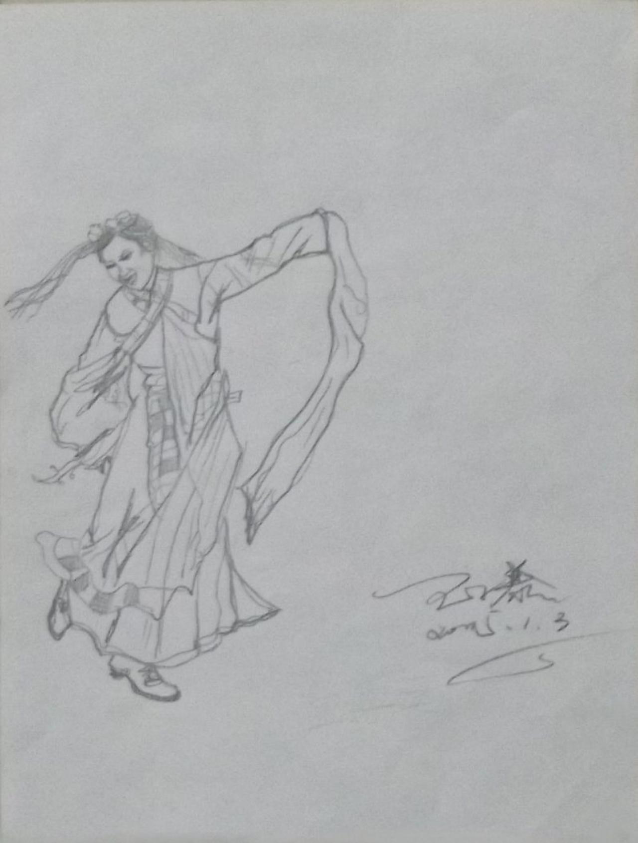 跳舞的青年女子正面 人物速写 卫子慕画