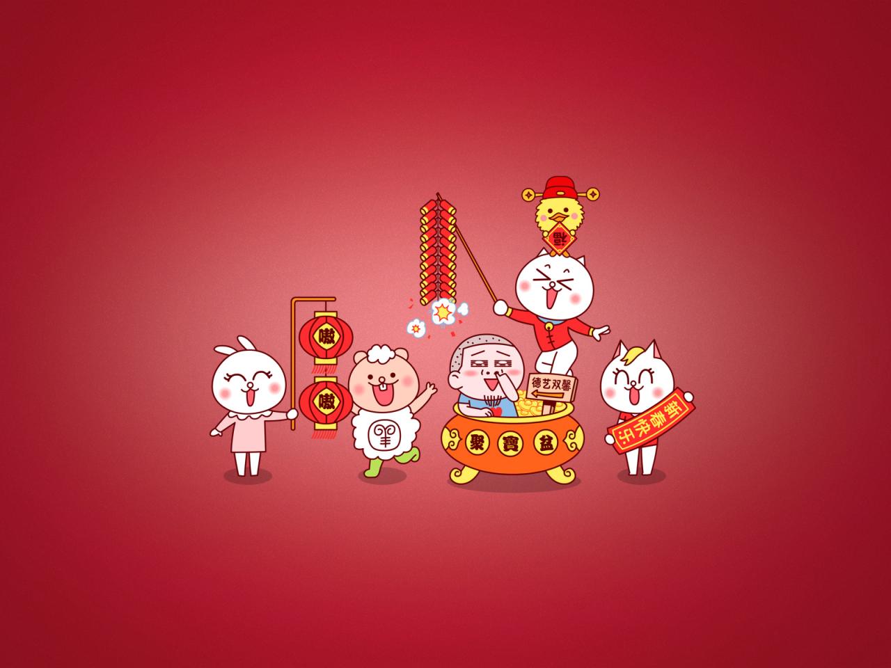 嗷大喵、兔小爱、熊小二、么么鸭及嗷叔春节拜年电脑壁纸 分辨率1600x1200像素 无日历