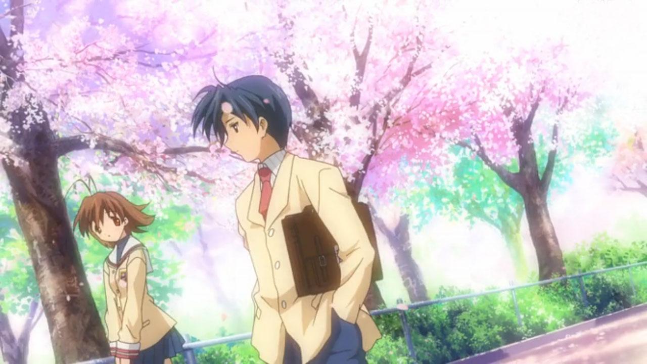 Clannad中，在樱花飞舞的坡道上，冈崎鹏也初遇古河渚的情景
