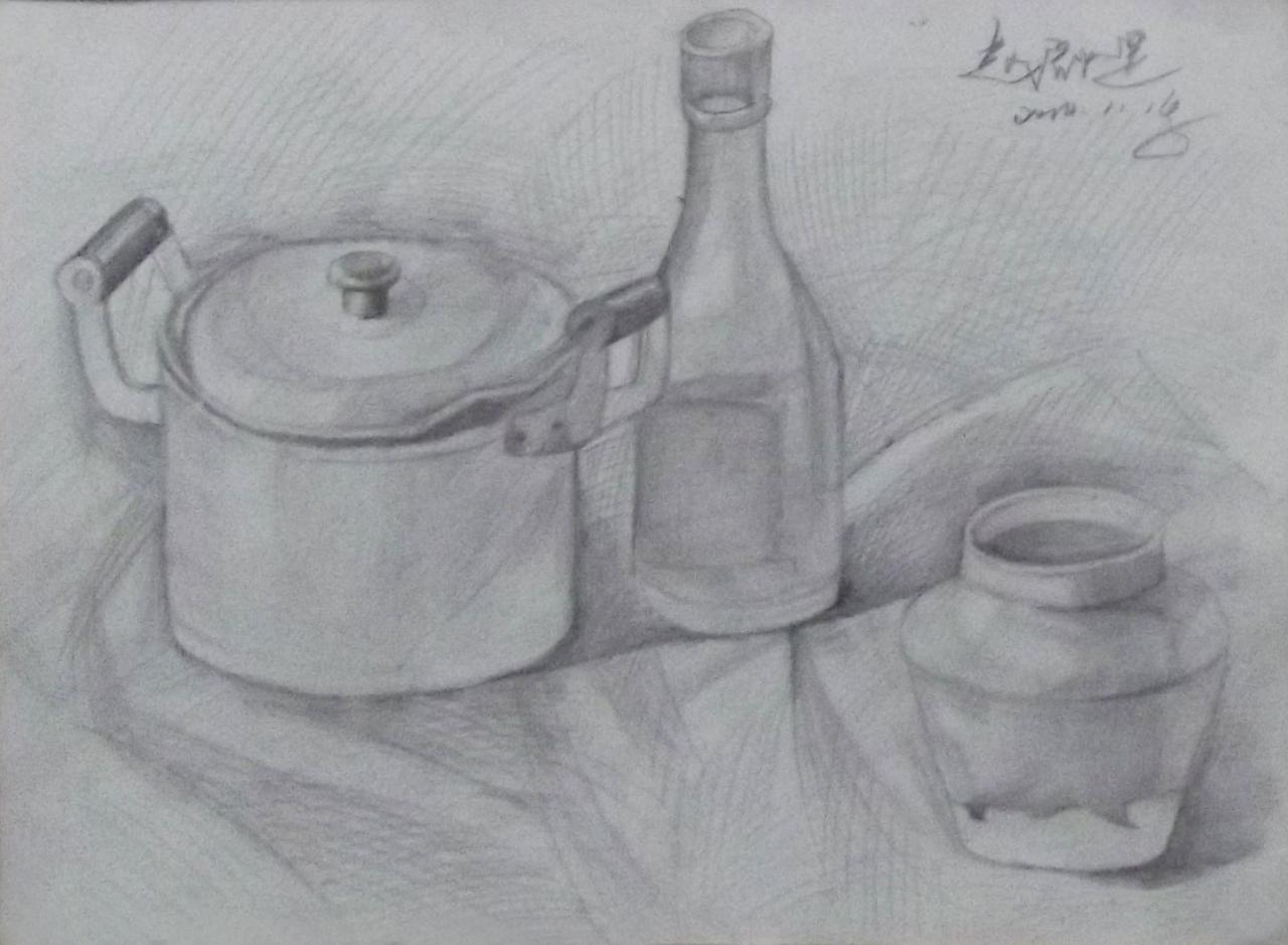 铝锅、酒瓶、陶罐等静物素描 赵启煜画
