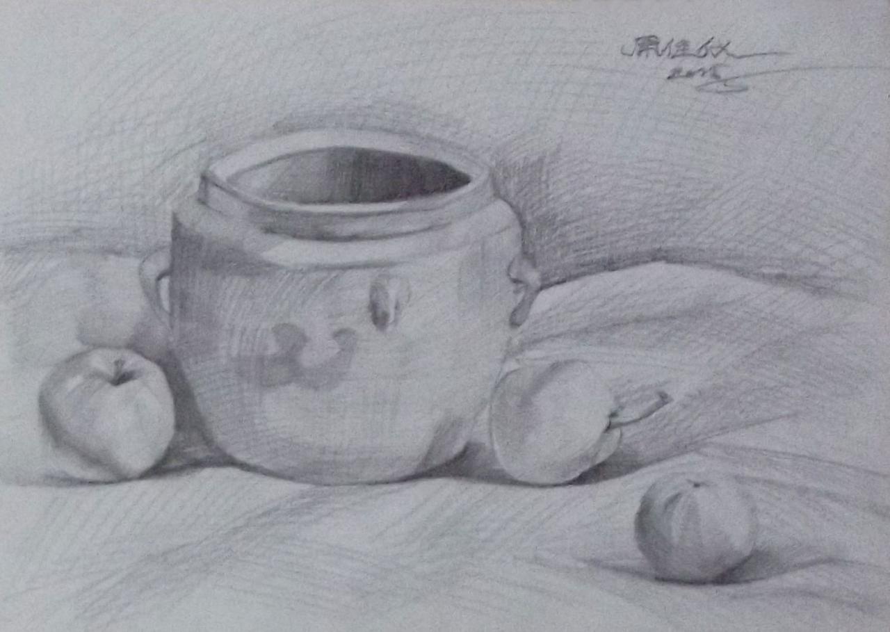 陶罐、苹果、梨等静物素描 原佳仪画