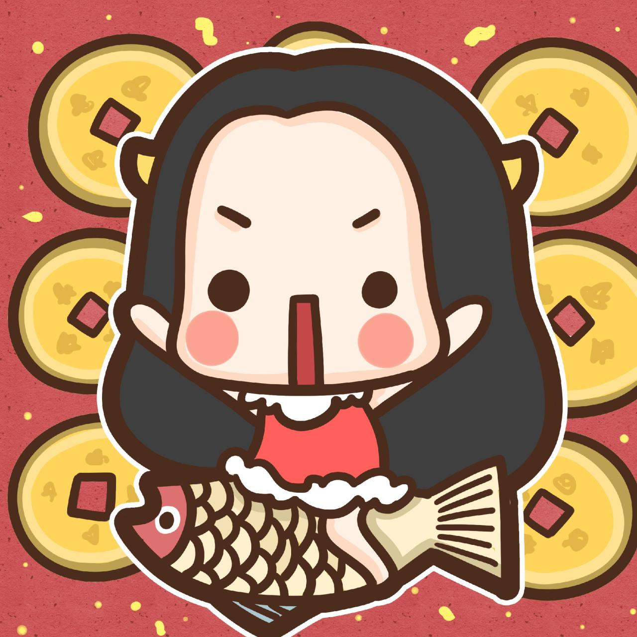 情侣头像女用：牛轰轰骑在锦鲤上的头像