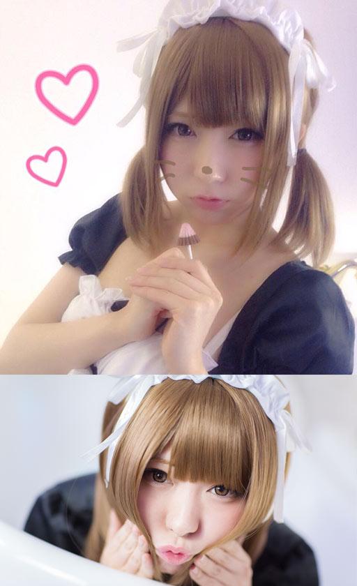 拿着棒棒糖，双手作揖的まゆふぁむ（上）和嘟嘴卖萌的まゆふぁむ（下）