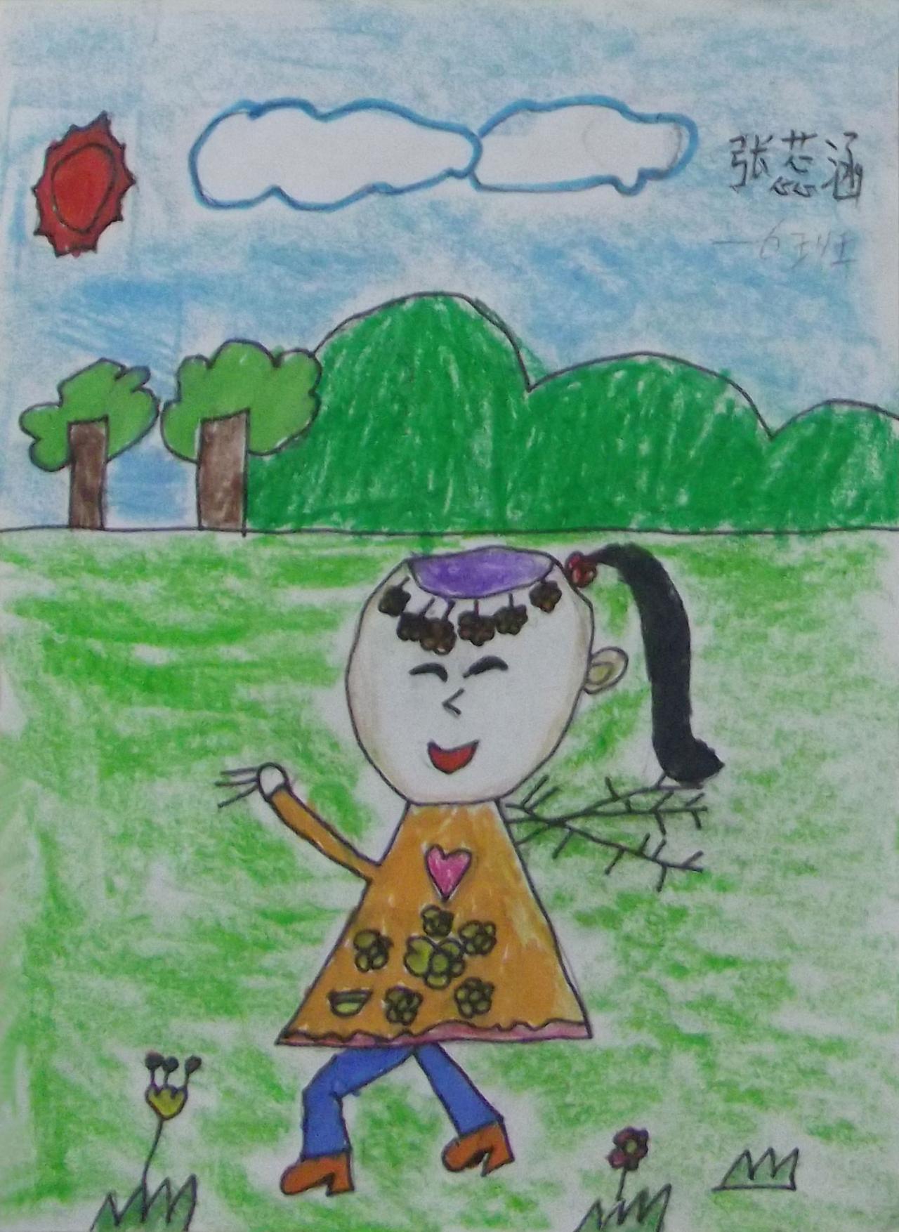 走在去植树路上的小姑娘 张蕊涵画