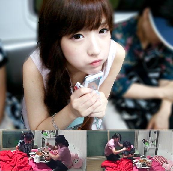 萌妹子朴糠丽嘟嘴卖萌自拍（上）和节目中男友喂朴糠丽吃饭的情景（下）