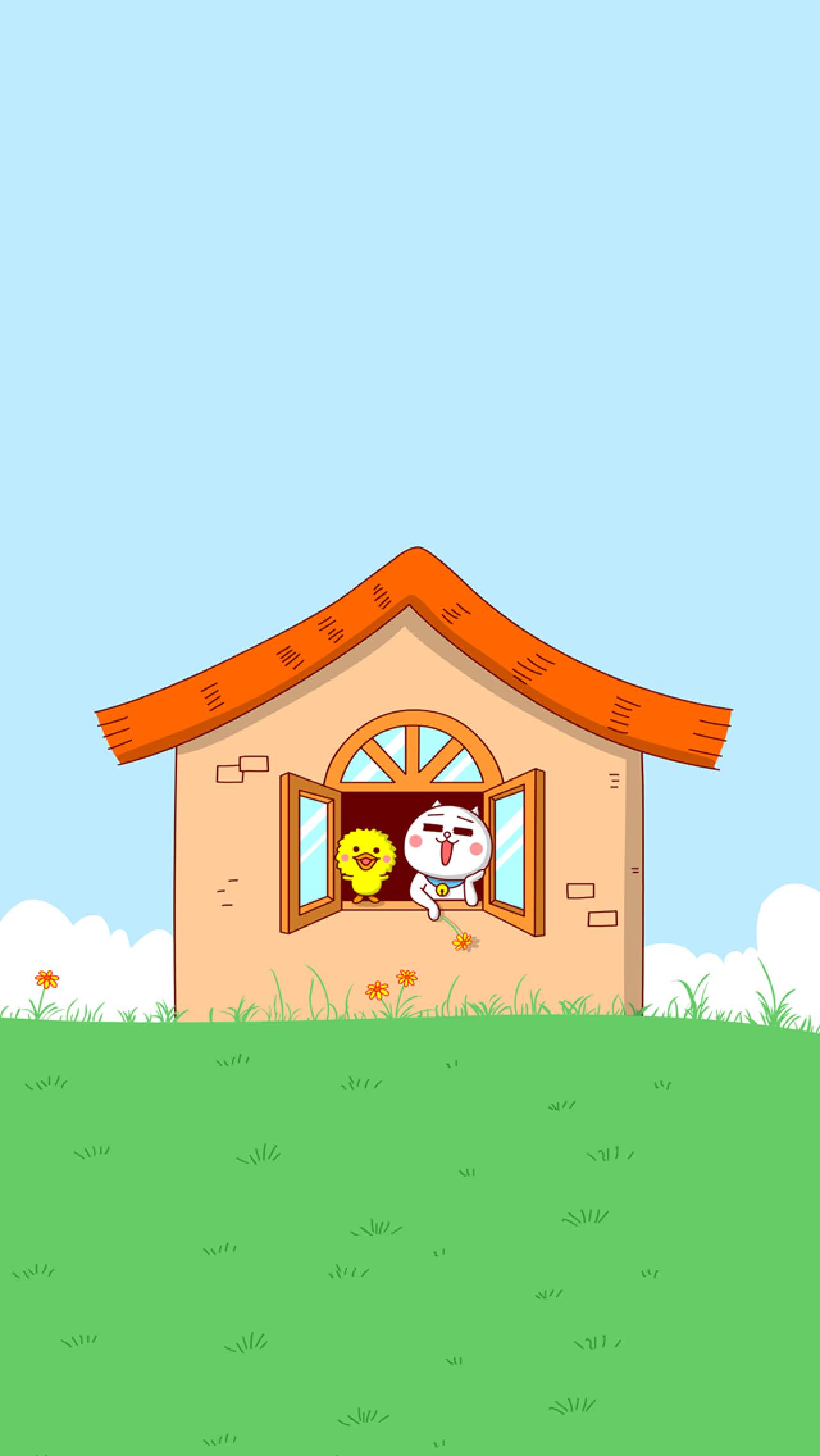 嗷大喵和么么鸭春天主题手机壁纸 分辨率：640x1136像素