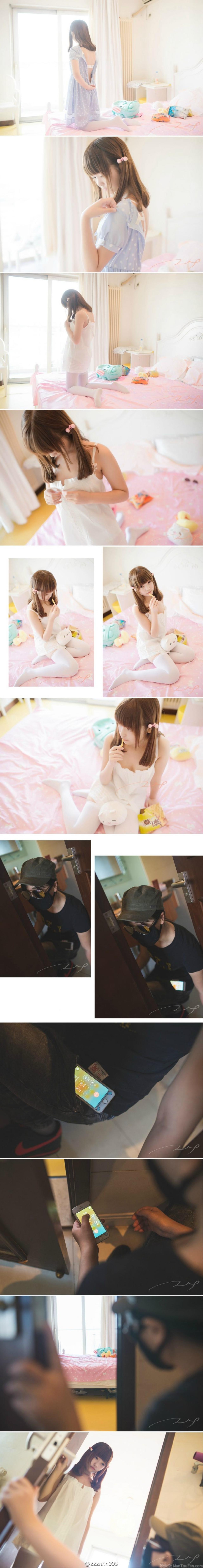 萌妹子萝莉换好衣服，吃着零食，怪蜀黎的手机响了，赶忙按手机，萌妹子已经站在门口