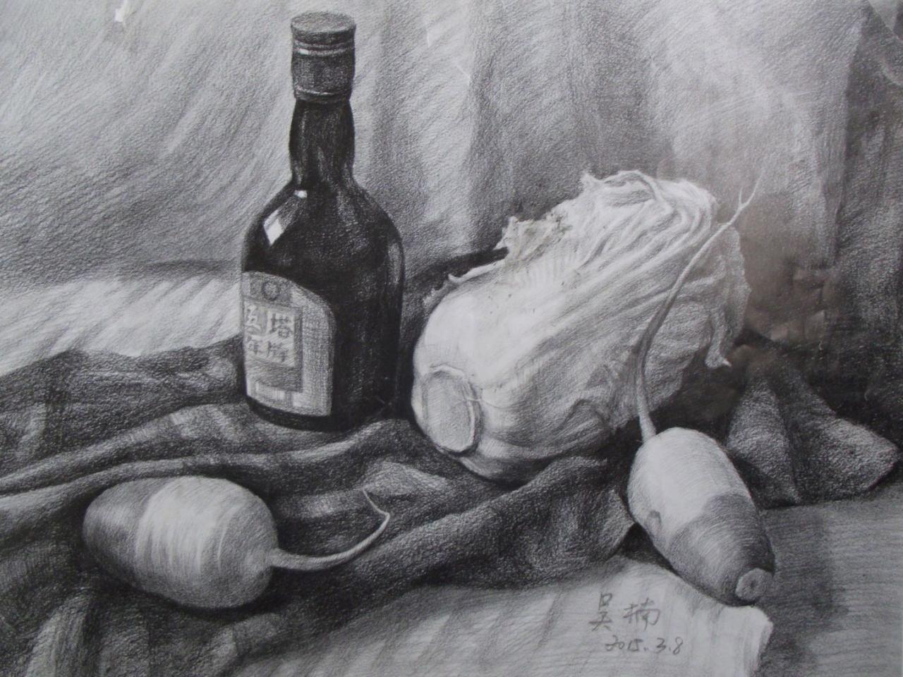 第四步，深入刻画玻璃瓶、白菜、白萝卜和衬布