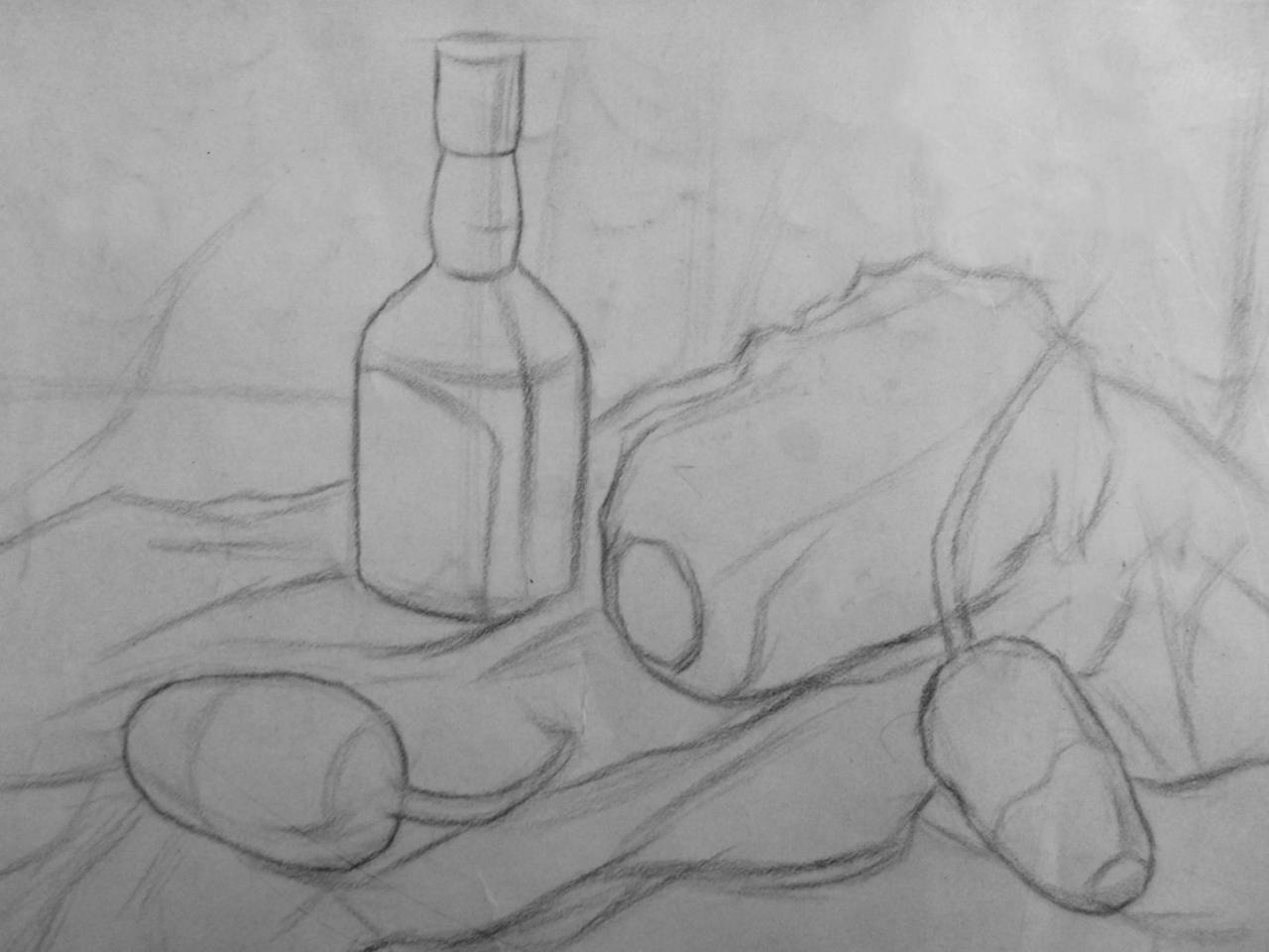 第一步，用直线打出玻璃瓶，白菜、白萝卜及衬布的轮廓