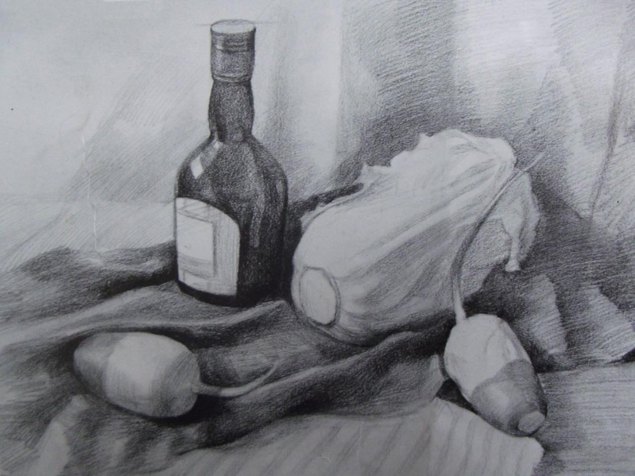 第三步，根据不同质感的物体，处理玻璃瓶、大白菜、白萝卜和背景之间的关系