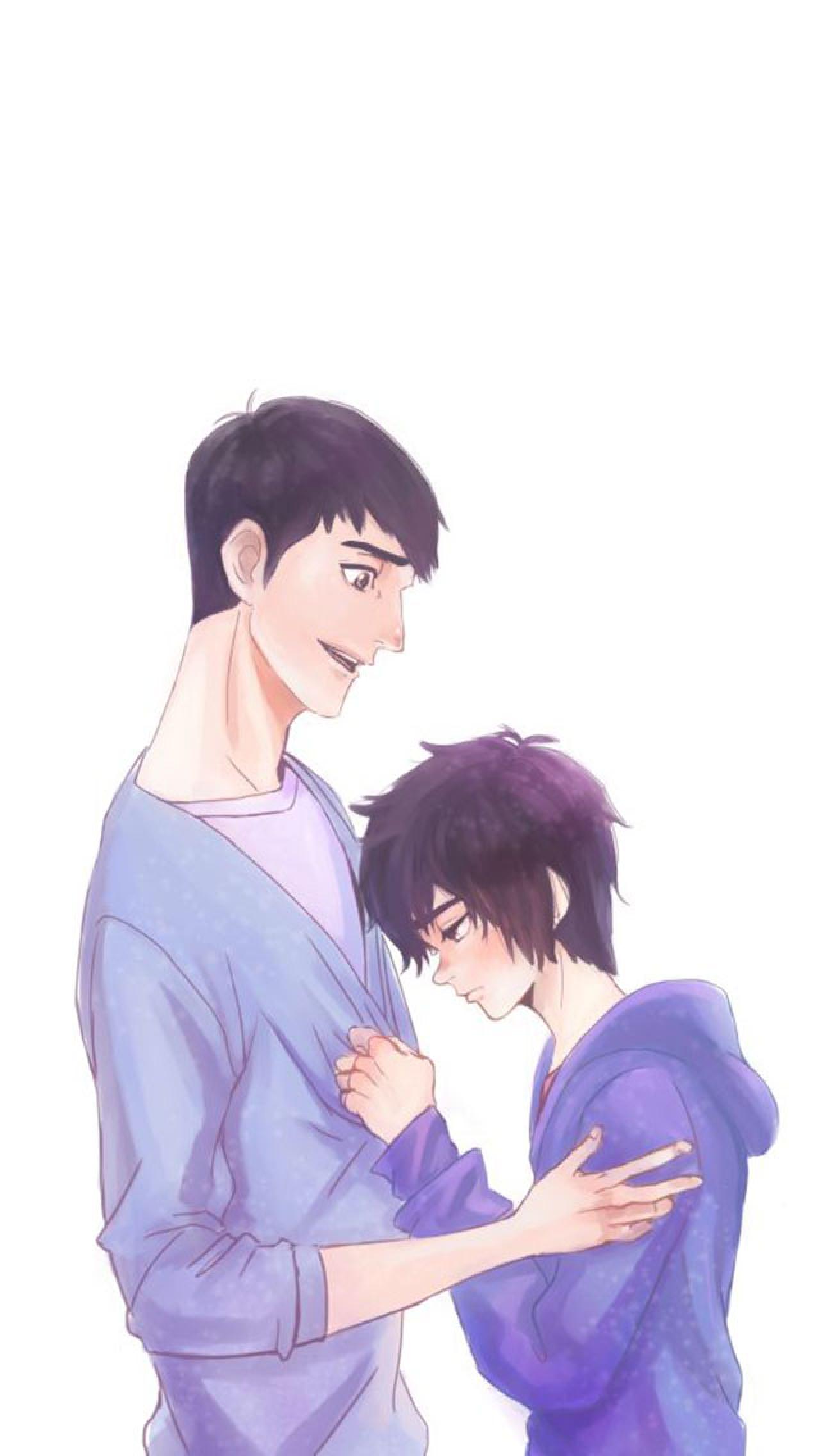 超能陆战队小宏撒娇地拉着哥哥泰迪的衣领水彩手机壁纸