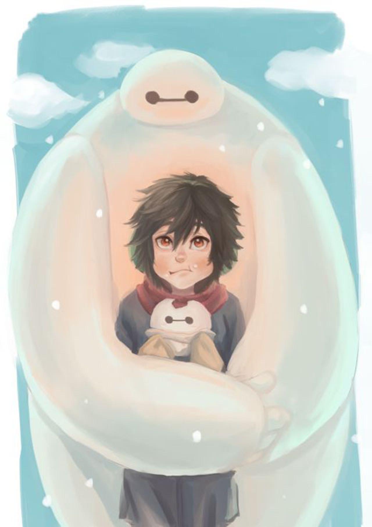 雪天超能陆战队大白怀抱小宏水彩手机壁纸