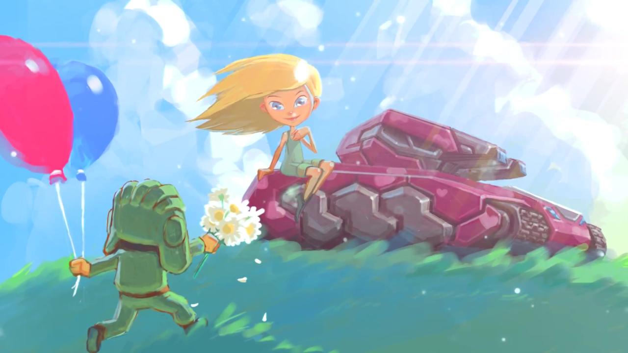 拿着气球的男孩送花给坐在蜂王磁力坦克上的女孩的3D坦克壁纸