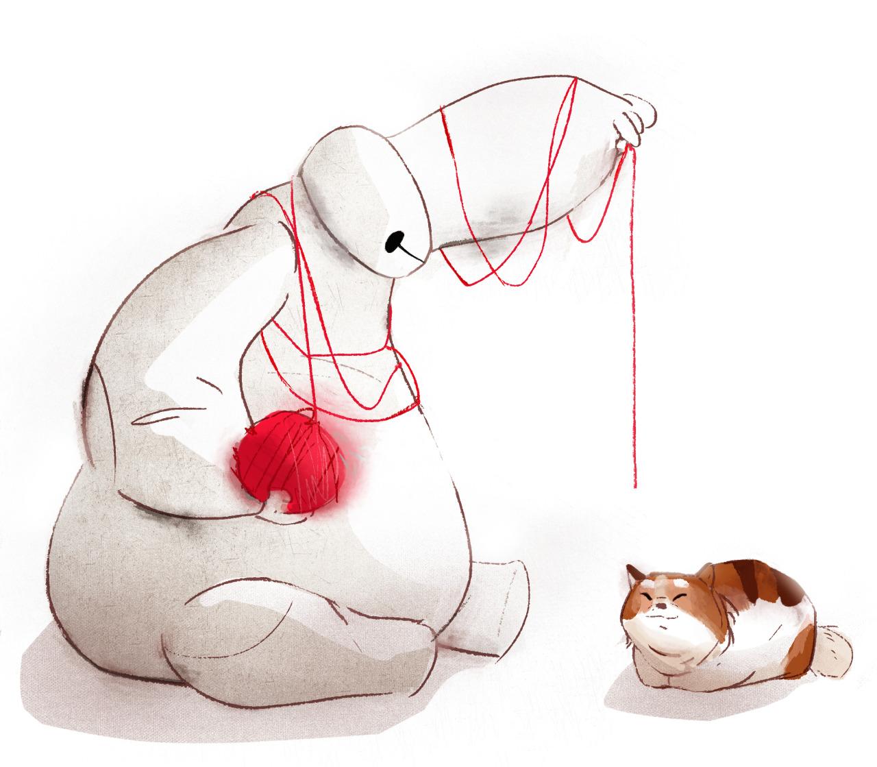 大白拿着毛线球，将毛线缠到身上，引诱猫咪一起玩耍