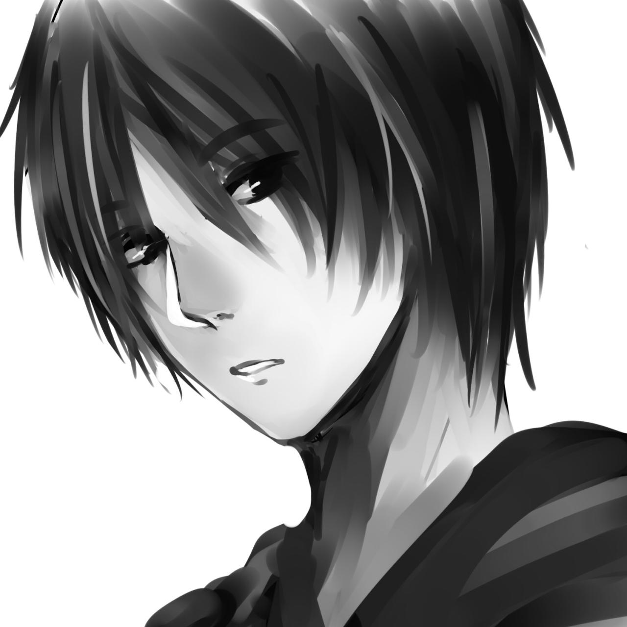 侧目注视的黑白长发男生头像