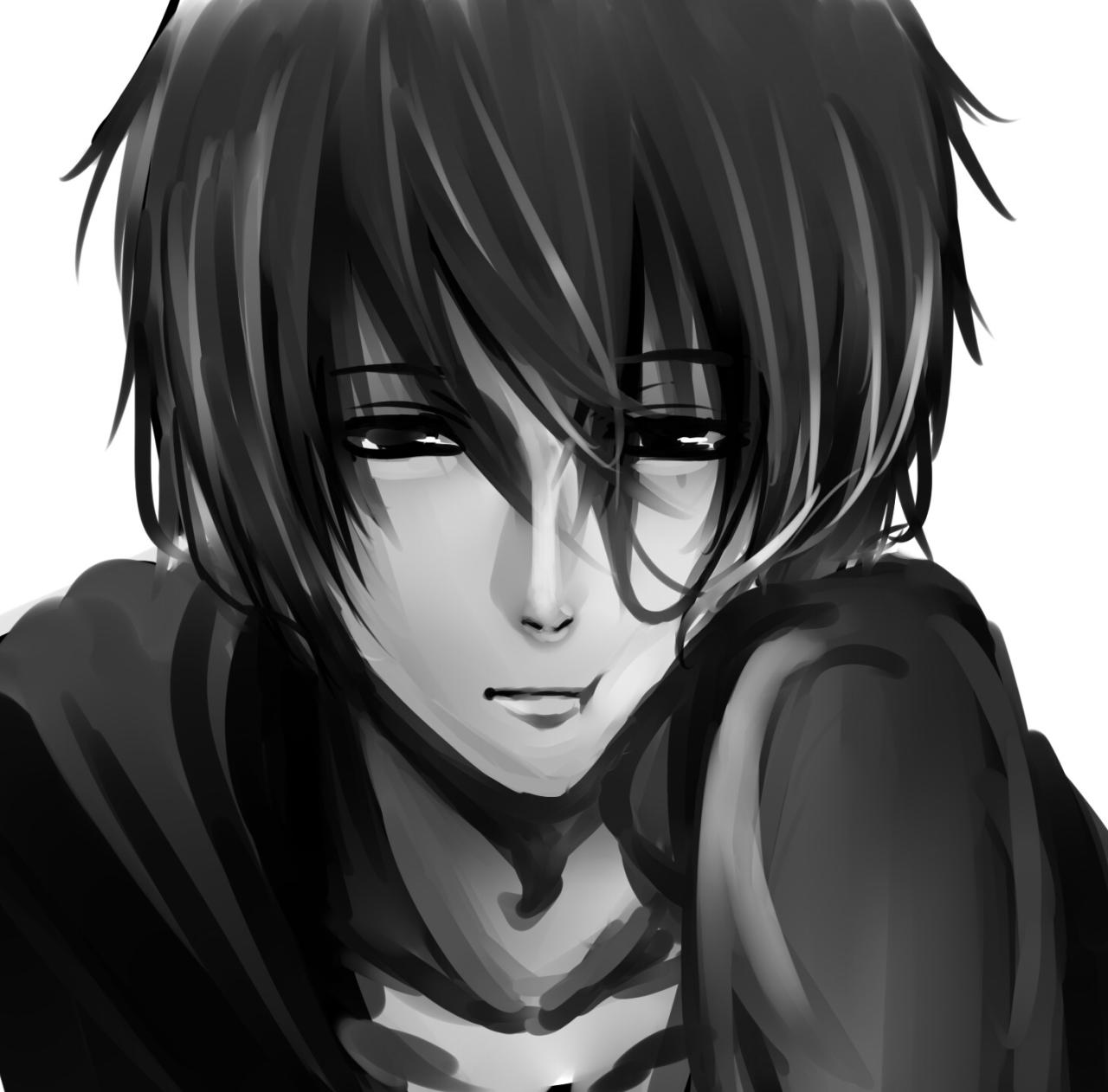 扶着头忧郁的黑白长发男生头像