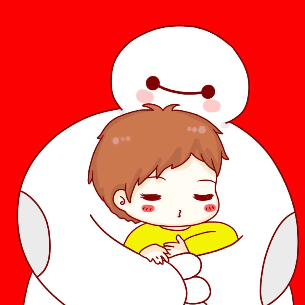 男用情侣头像：被大白抱在怀里的男生头像