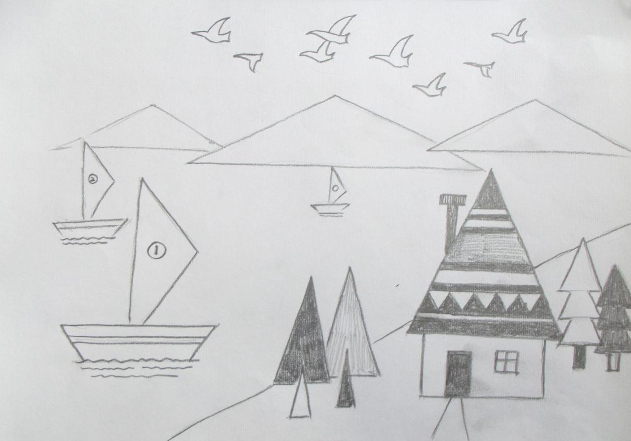 第四步，美化房顶，并把房子、树木用排线排出调子