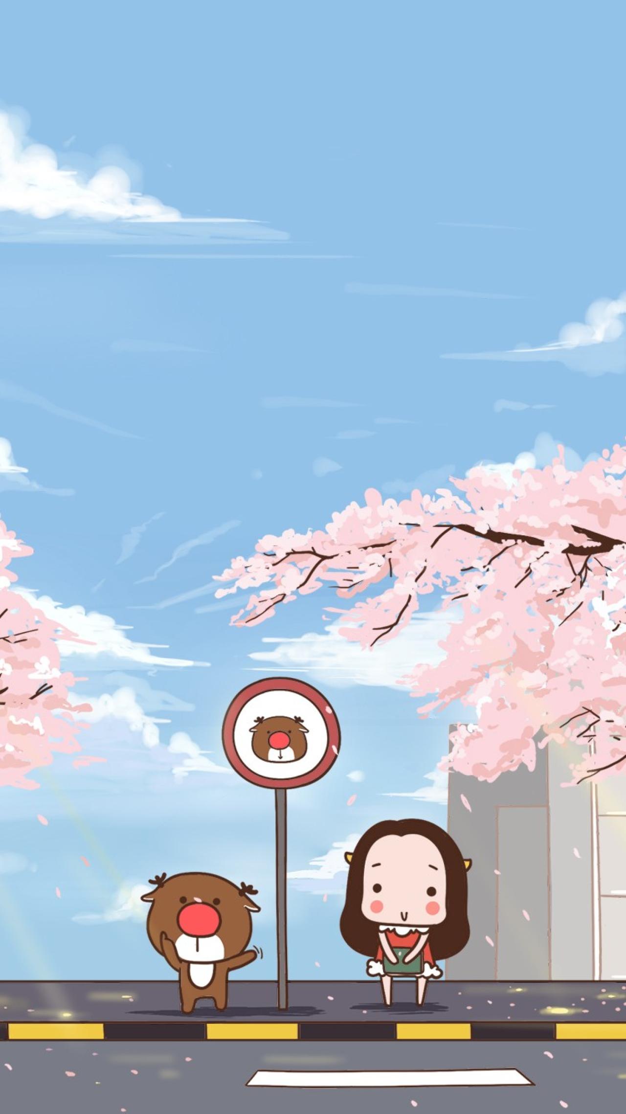 等车的鹿卡斯和牛轰轰四月樱花手机壁纸 750x1334像素