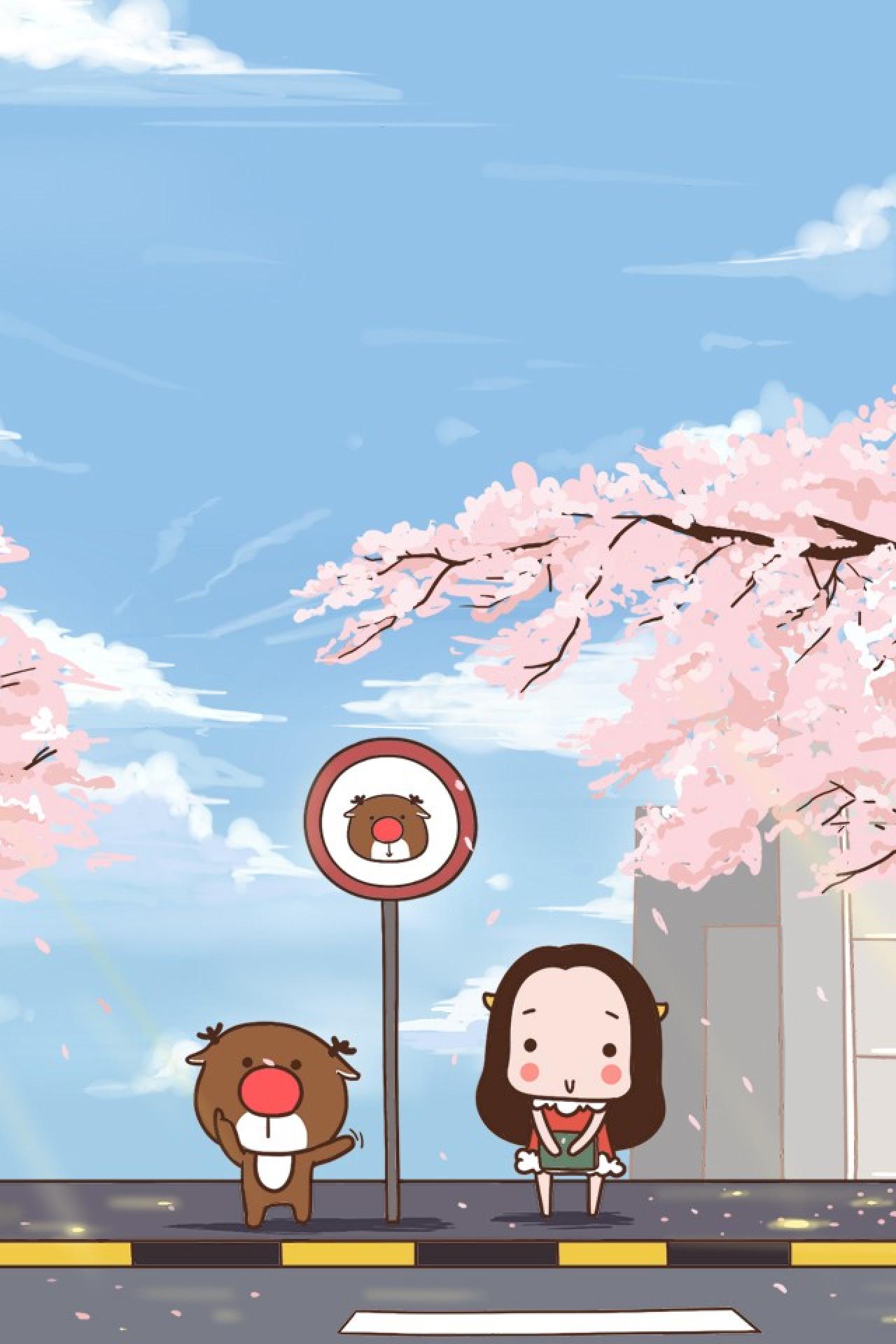等车的鹿卡斯和牛轰轰四月樱花手机壁纸 640x960像素