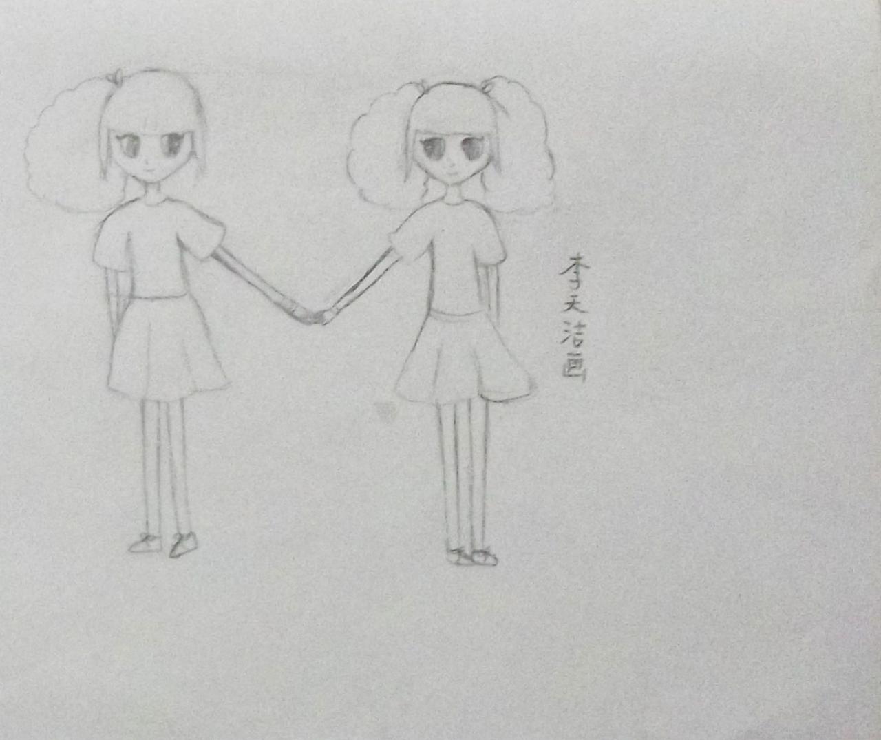 牵手的小女孩 李天洁画