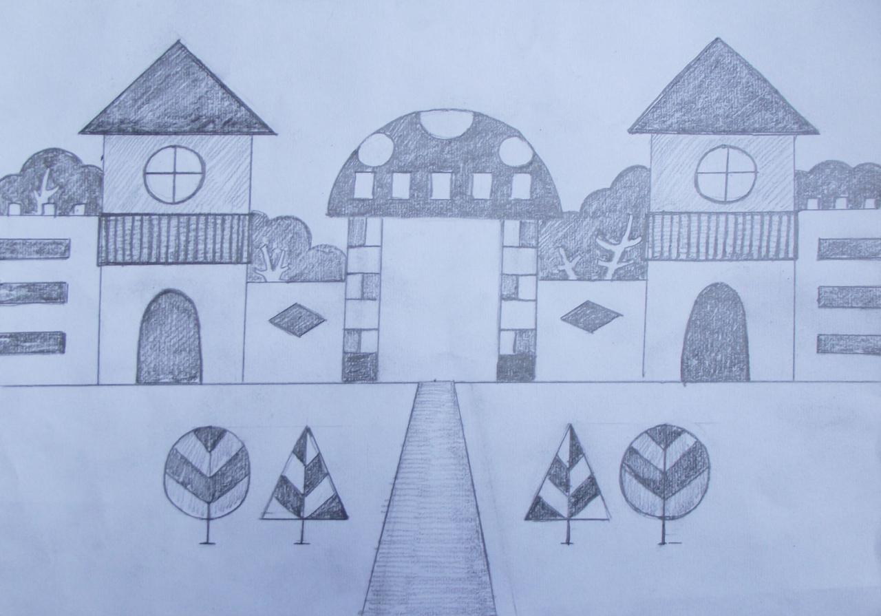 第五步，用各种不同的排线，排出幼儿园的门窗、树木及屋顶