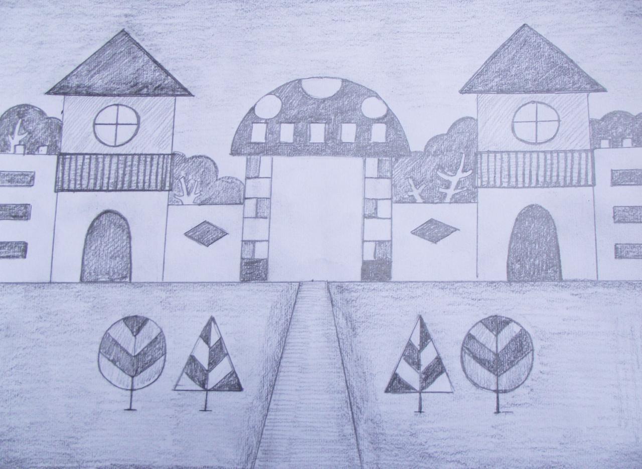 第六步,用浅灰排出幼儿园的天空和地面