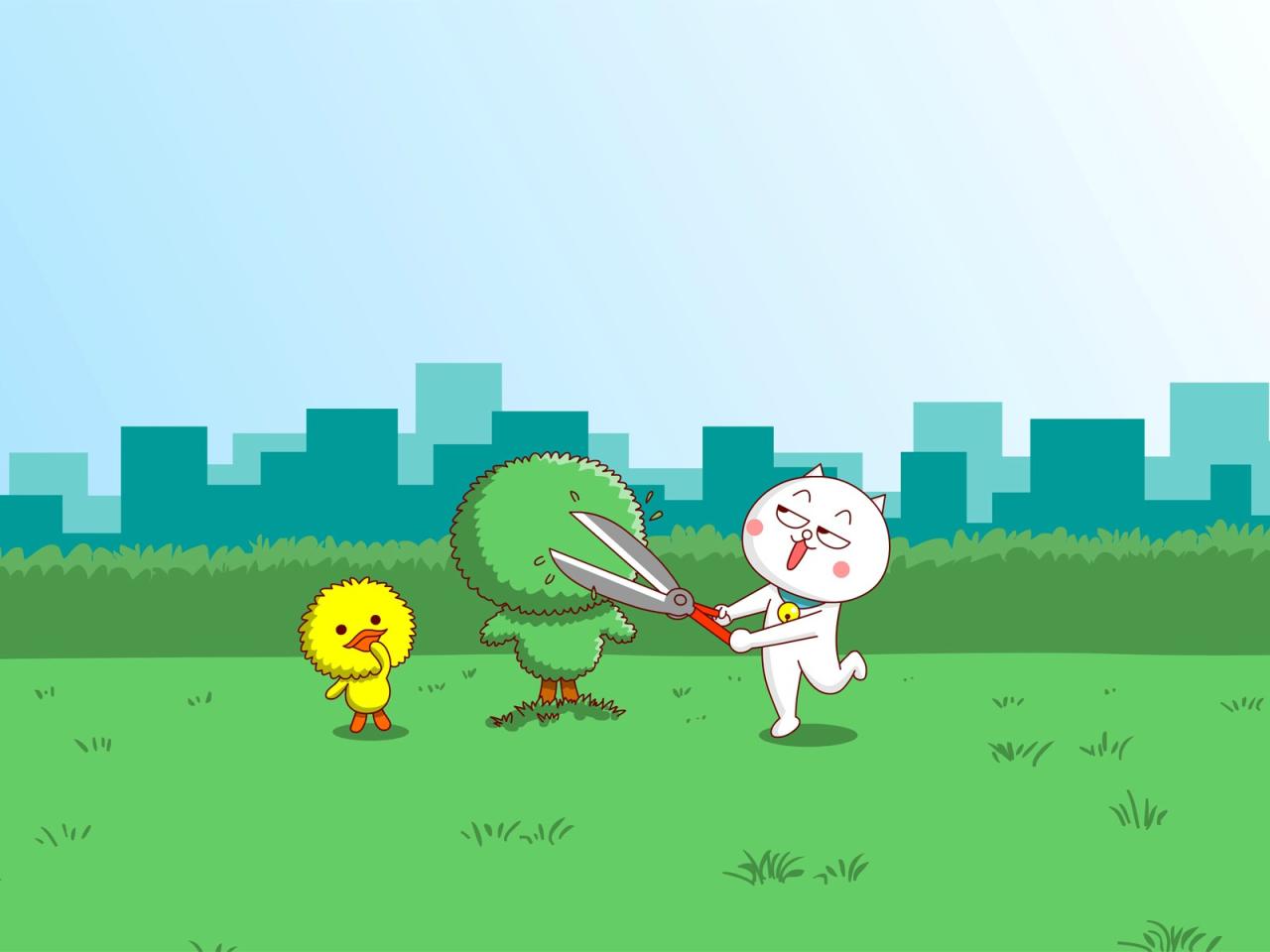 嗷大喵和么么鸭花匠主题电脑壁纸 分辨率1600x1200像素