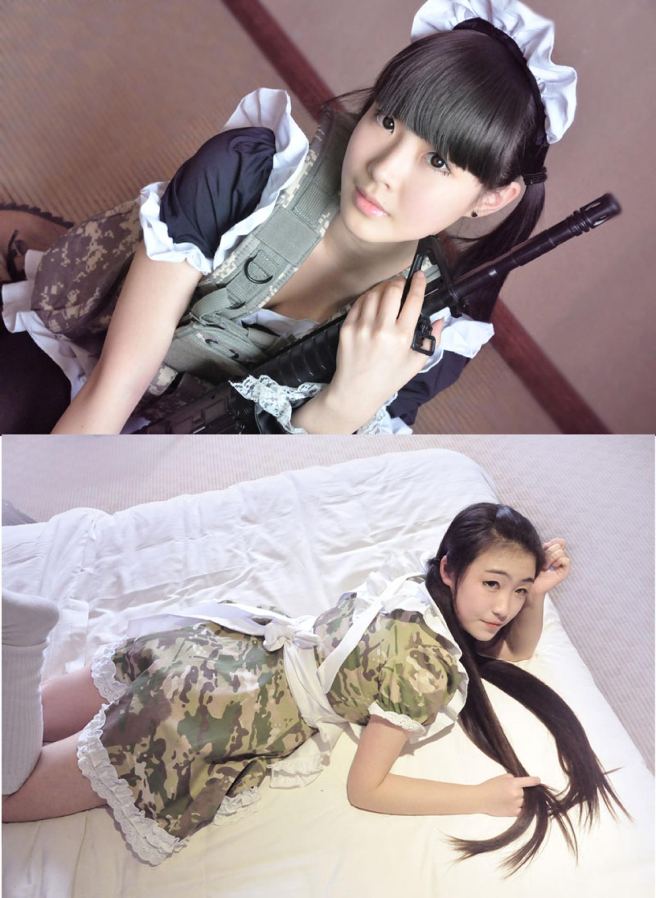 漠（上）和夏绾（下）迷彩女仆装摆拍 预览图