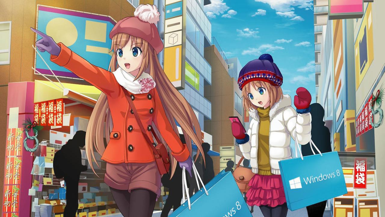 窗边爱和窗边优提着win8的袋子逛街壁纸