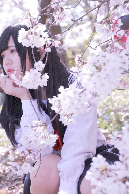 白玉ろぷ轻扶下巴蹲在樱花花枝旁