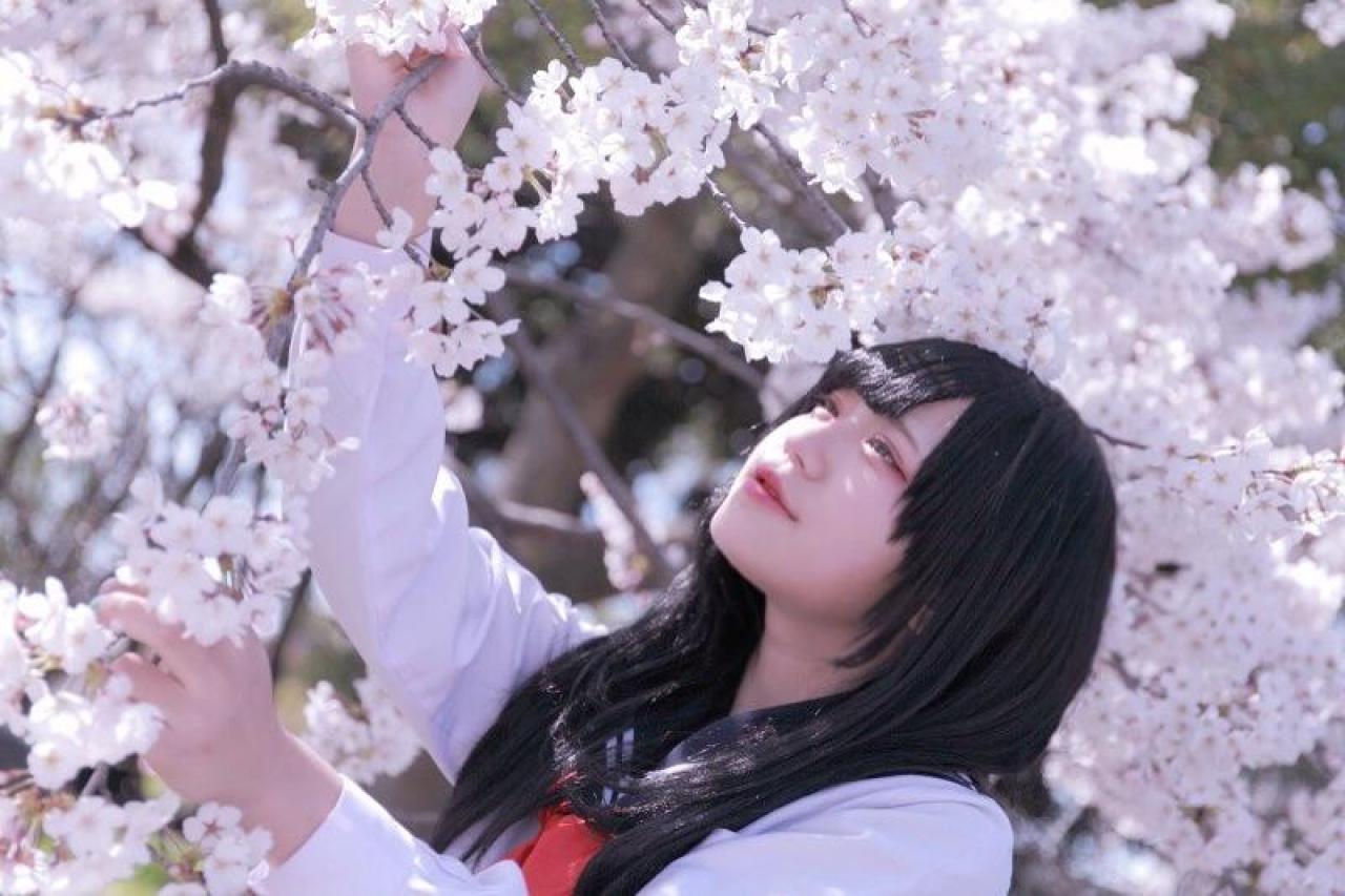 白玉ろぷ仰望樱花，双手扶着画质 3/4侧面