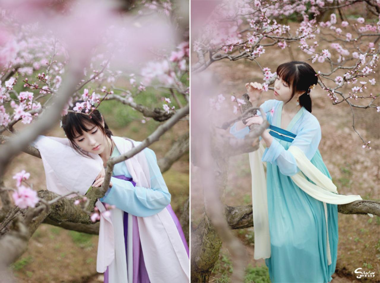 加加代和七七各自扶在桃花枝干上